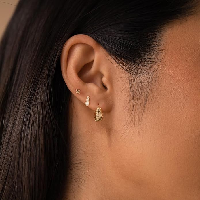 Gold Hoop Earrings Set for Women Trendy, 14K Gold Plated Chunky Hypoallergenic Small Diamond Cartilage Hoops Cute Cubic Zirconia Dangle Stud Earrings Jewelry Gifts