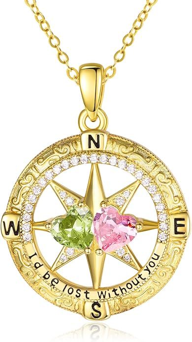 Zeuslia Double Birthstone Necklace Gifts for Wife - 925 Sterling Silver Sunflower/Rose/Crown Cross/Compass/Heart Pendant I Love You Necklace, Anniversary Birthday Gifts for Wife Girlfriend Mom Her