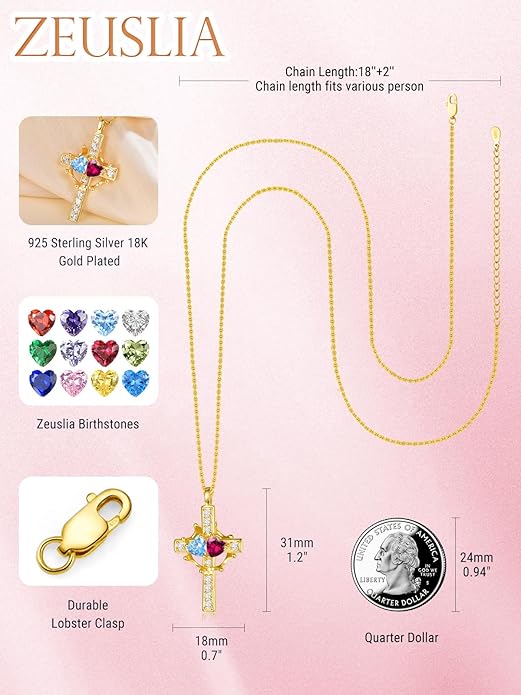 Zeuslia Double Birthstone Necklace Gifts for Wife - 925 Sterling Silver Sunflower/Rose/Crown Cross/Compass/Heart Pendant I Love You Necklace, Anniversary Birthday Gifts for Wife Girlfriend Mom Her