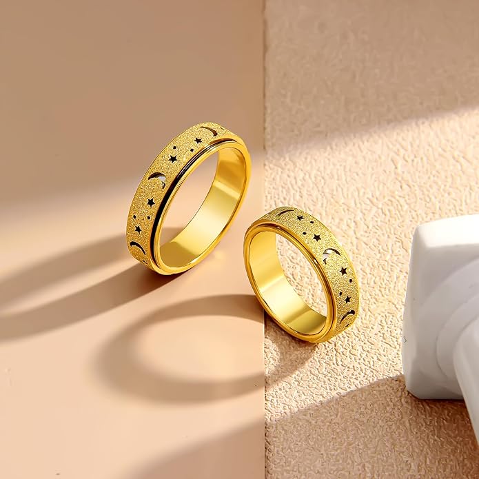 AmorArtSky Anxiety Ring for Women Men, Titanium Stainless Steel Spinner Ring, 5 Colors, 6MM, Size 6-10, 3 Styles Anxiety Ring-Moon Star, Sandblasted Finished, Hollow Outer