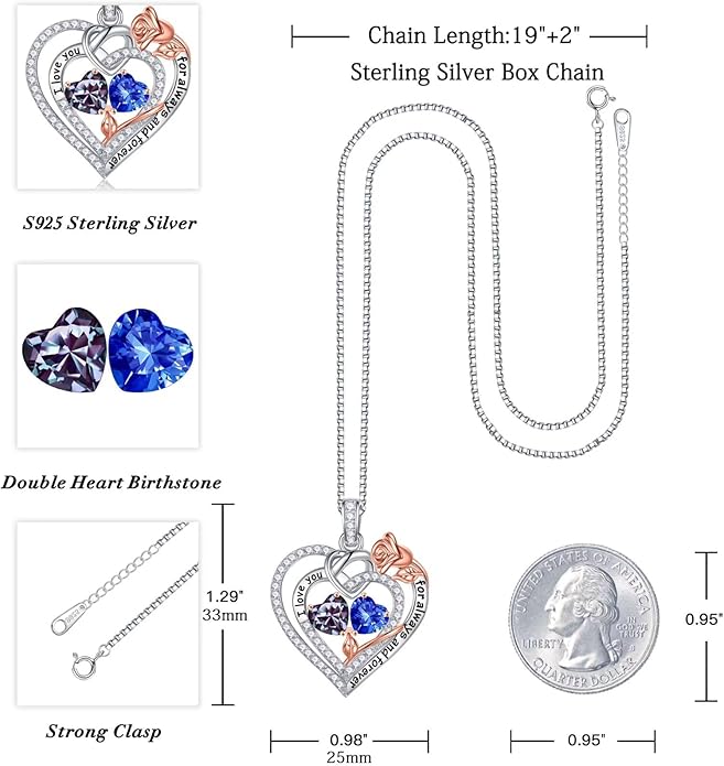Iefil Rose Heart Necklace Gifts for Wife Women - 925 Sterling Silver Double Birthstone Necklace, Anniversary Birthday Gifts for Women, Jewelry Gift for Wife Girlfriend Mom Her