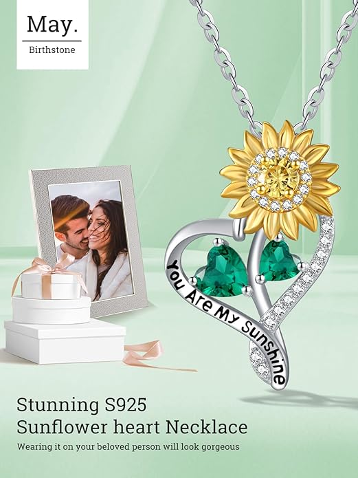 Zeuslia Double Birthstone Necklace Gifts for Wife - 925 Sterling Silver Sunflower/Rose/Crown Cross/Compass/Heart Pendant I Love You Necklace, Anniversary Birthday Gifts for Wife Girlfriend Mom Her