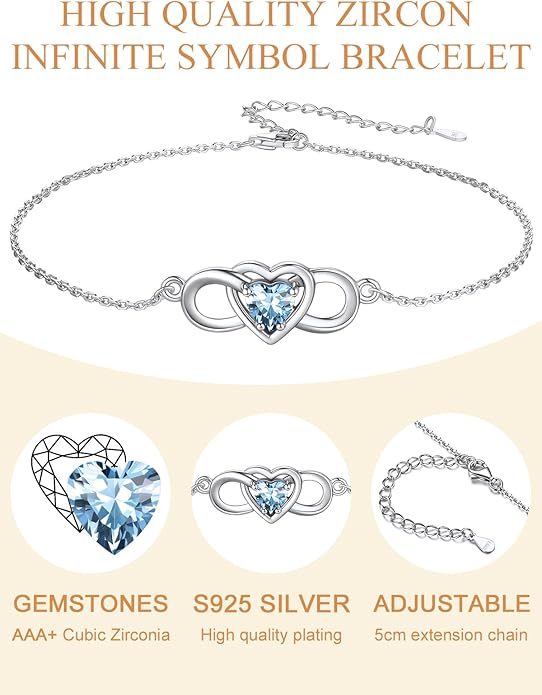 Custom4U Personalized Infinity Love Symbol Link Bracelets for Women 925 Sterling Silver Birthstone Bracelet Adjustable Engraved Chain Christmas Mother's Day Birthday Jewelry Gifts for Mom Her