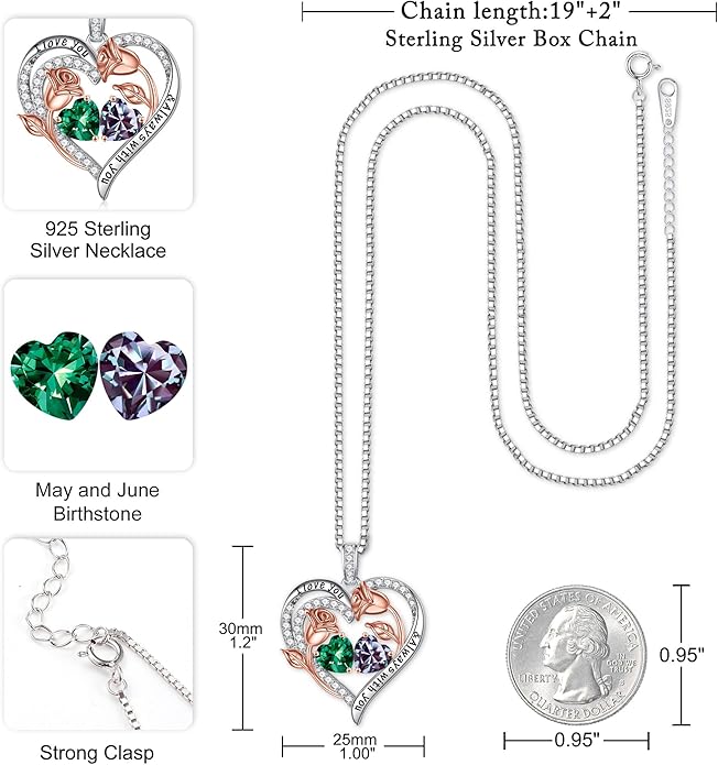 Iefil Birthstone Necklace for Women - 925 Sterling Silver Rose Heart Birthstone Necklace Birthday Anniversary Jewelry Gifts for Her Wife Mom Daughter