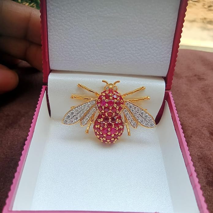 2Ct Round Cut Red Ruby & White Diamond Honey Bee Brooches Pin 14K Yellow Gold Plated