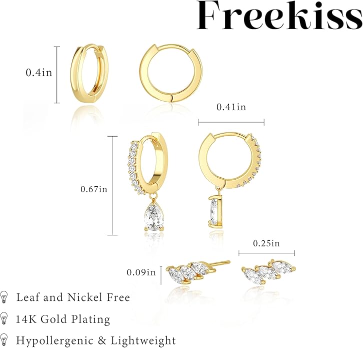 Freekiss 3 Pairs Gold Hoop Earrings Set: Dainty Stud Earrings Trendy Small 14K Gold Plated Hypoallergenic Dangle Cartilage Huggie Hoop Earrings for Women Gold Jewelry for Women Gifts