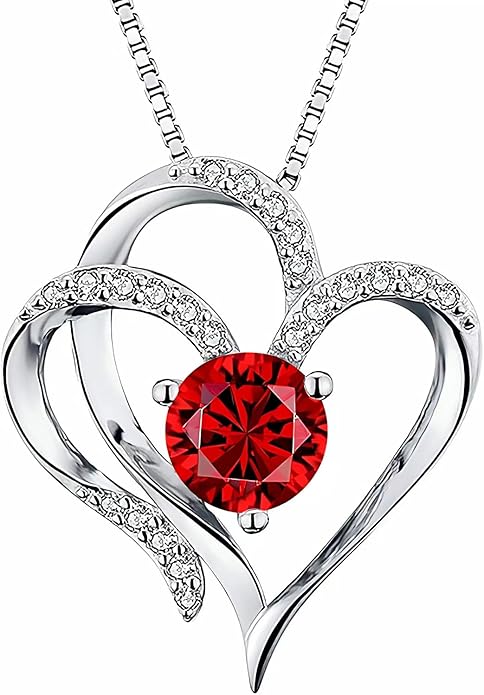 Double Heart Birthstone Necklace for Women - 925 Sterling Silver Adjustable Chain, 12-Month Cubic Zirconia Pendant, Gift for Wife/Girlfriend/Mom (Anniversary, Valentine's Day, Christmas)