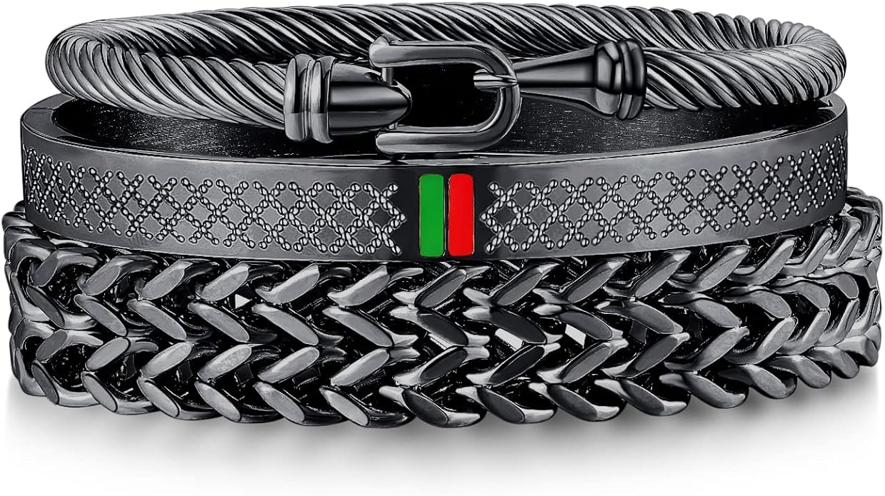 WFYOU 3PCS Stainless Steel Bracelets for Men Gold Roman Numeral Bangle Bracelet Twisted Cable Bracelet Adjustable Cuff Bracelet Mens Luxury Jewelry Bracelets Gifts