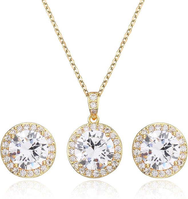 Bridal Crystal Jewelry Set - Sterling Silver Round Cubic Zirconia CZ Rhinestone Halo Birthstone Pendant Necklace Stud Earrings Set for Wedding Bride Bridesmaids Birthday Gift