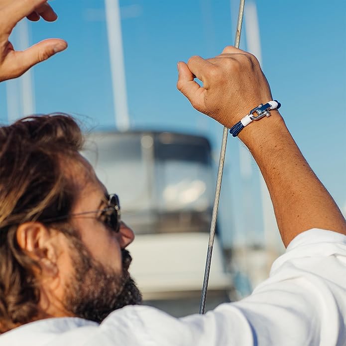Elegatto Duetto Platinum Rope Bracelet for Men | Double Nautical Nylon Cord with Silver Polished Stainless Steel Shackle Clasp | Waterproof and Fade-Resistant