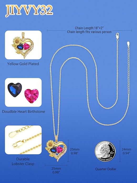 Sunflower Heart Necklace for Women 14K Gold Exquisite Anniversary Birthday Gifts for Wife Mother Her Double Birthstone Pendant jewelry‘You Are My Sunshine’