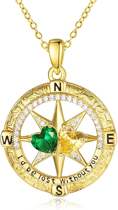 Zeuslia Double Birthstone Necklace Gifts for Wife - 925 Sterling Silver Sunflower/Rose/Crown Cross/Compass/Heart Pendant I Love You Necklace, Anniversary Birthday Gifts for Wife Girlfriend Mom Her