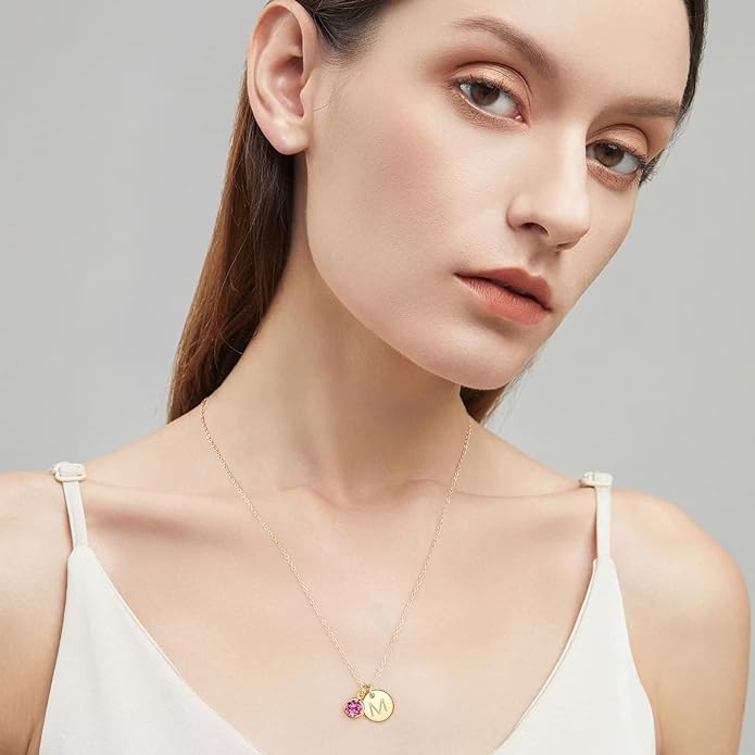 Hidepoo Initial Birthstone Necklace for Girl Women - 14K Gold Plated Disc Letter Necklace Personalized Gifts Jewelry Birthstone Initial Necklaces Birthday Gift for Female Teens Mom