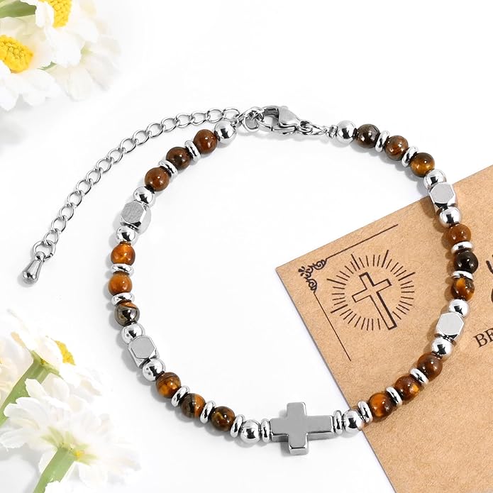 VIBILIA Cross Beaded Bracelets for Women, Inspirational Natural Heart Religious Bracelets for Women, Birthday Christian Gifts for Women on Thanksgiving Christmas Gifts