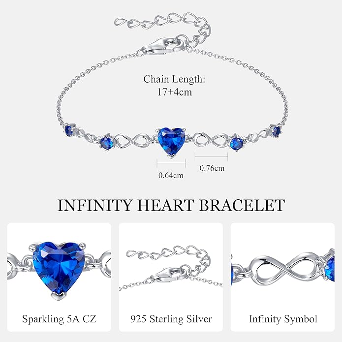 G&GEMSJEW Infinity Heart Birthstone Bracelets for Women, 925 Sterling Silver Women Charm Link Bracelet Adjustable, Birthday Anniversary Christmas Jewelry Gifts for Women Wife Mom Girlfriend Her