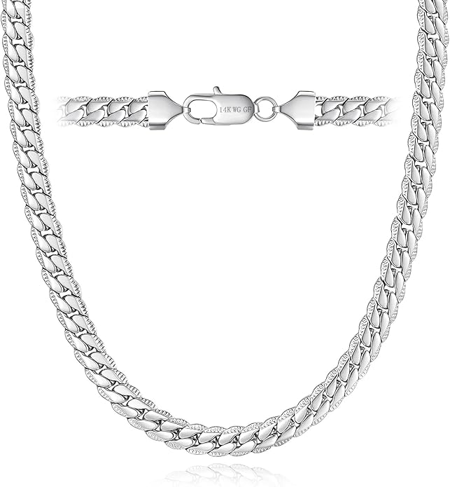 DFUNH 7MM Cuban Link Chain for Men Silver Chains, Silver Mens Chain Necklace,316L Stainless Steel and 14K White Gold /14K Gold Filled, Gold/Silver Chain for Men Necklace