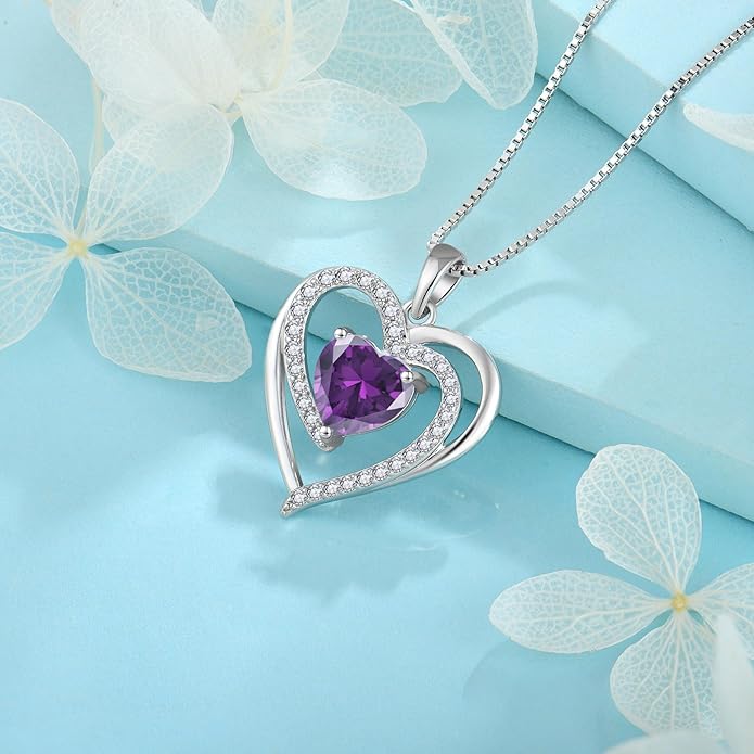FJ Love Heart Necklace for Women 925 Sterling Silver Birthstone Pendant Anniversary Birthday Jewelry