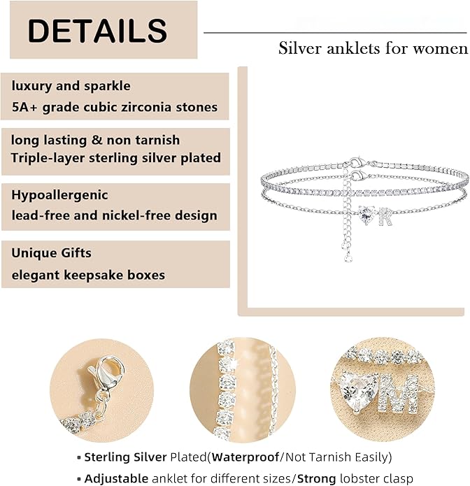 Heart Initial Silver Anklets for Women Waterproof Dainty Silver Plated ankle bracelets for women Large Ankle Women's Anklets Tennis ankle bracelets Non Tarnish Summer Beach Foot Jewelry