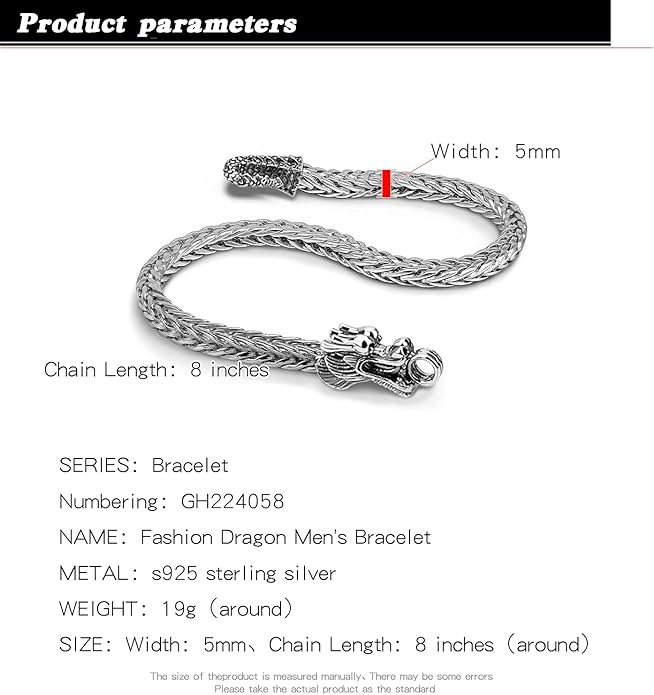H&Beautimer Fashion 925 Sterling Silver Dragon Chain Bracelet 5MM-7 "8" 9" Solid Thick Side Link Bangle For Men Golden Jewelry Gift