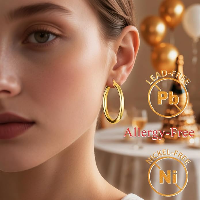 Hoop Earrings for Women, 18K Gold Plated Hoops Earrings, Hypoallergenic Lightweight Comfort Hollow Tube Hoops with Secure Push Lock, Chunky and Sleek Gold Hoops Large Earrings 20/30/40/50/60MM