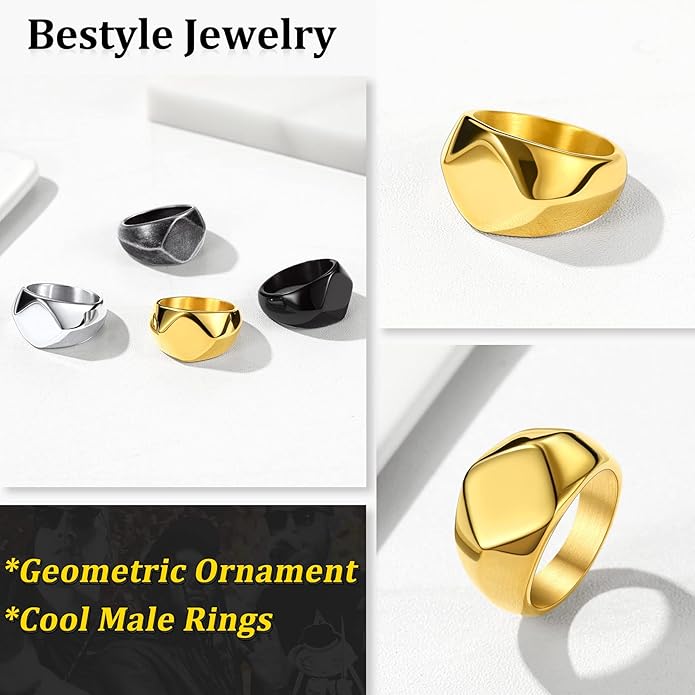 Bestyle Stainless Steel Signet Ring for Men Women in Gold/Black/Silver/Vintage Gray Tone, Chunky Thick Heavy Dome Band Ring Cool Finger Ring, Gift for Dad Husband, Size 7-14 Customizable