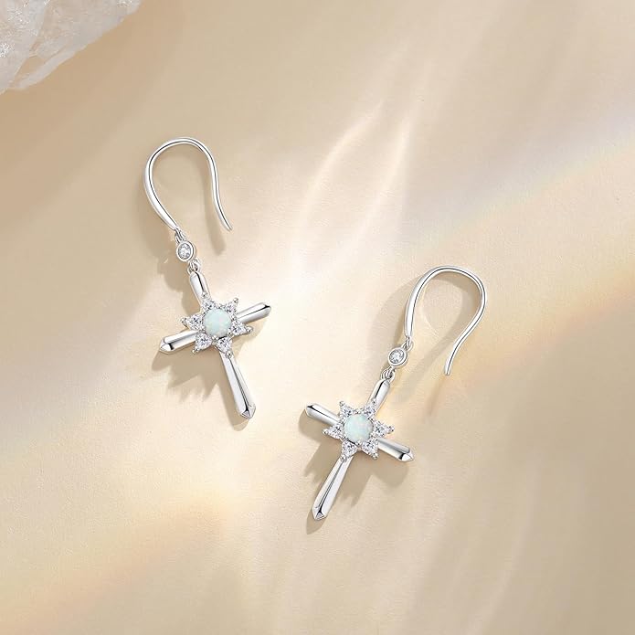 FANCIME Cross Dangle Drop Earrings 925 Sterling Silver Dainty Round Birthstone Earring Fine Jewelry Birthday Gifts for Her Women