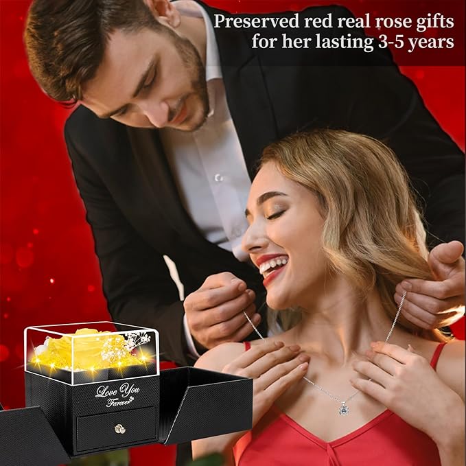 Preserved Real Rose with Heart I Love You Necklace -Eternal Flowers Rose Birthday Gifts for Her Mom Wife Girlfriend Grandma on Valentines Mothers Day Christmas Anniversary Romantic (Yellow)