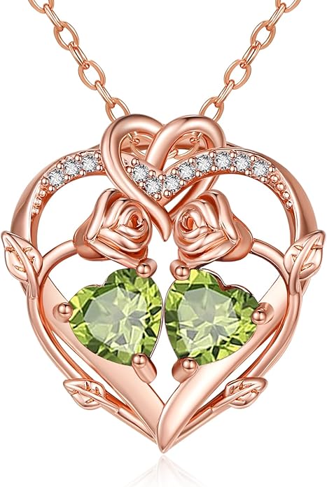 Rose Gold Necklaces for Women Double Birthstone Rose Flower Heart Pendant Necklace Jewelry Anniversary Christmas Valentine's Mother's Day Birthday Gift for Wife Mom Her Girlfriend Sister