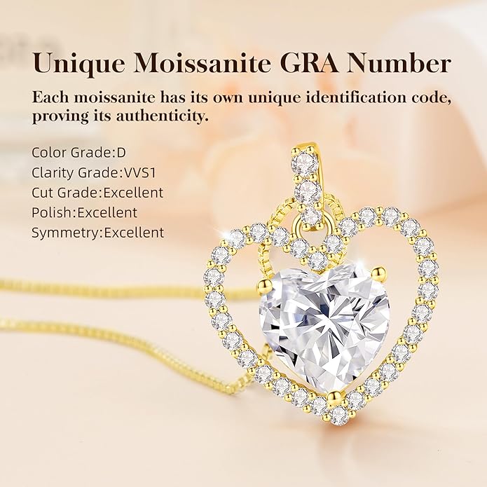 2CT Moissanite Heart Necklace for Women Wife in Gift Box,S925 Sterling Silver Jewelry for Women,Anniversary Birthday Present for Wife Her Girlfriend,18K Gold/White Gold Filled