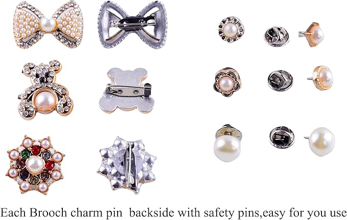 Charms for Socks Safety Pin Brooch,55pcs Junk Sock Charms Pins Gold Bling Sock Jewelry Charms,Brooch Pins for Socks,Pearl Rhinestone Brooch Pins Costom Shoe Sock Charms Kit Bulk for Hat Clothes