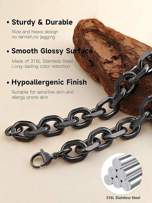 Hoyazvet Cable Chain Stainless Steel Necklace for Men Women, 3/5/8/10/13MM Width, 18K Gold Plated/Black Metal/316L Stainless Steel Sturdy Rolo Link Chain Necklace, 18-30inch Length