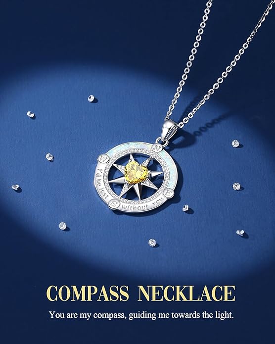 FANCIME Compass Necklace for Women Sterling Silver Compass Jewelry Opal Pendant Fine Jewelry Gemstone Birthday Mother's Day Gifts for Wife