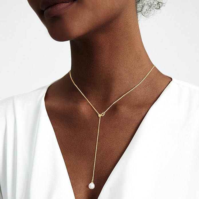 Zeffy Lariat Gold Necklace for Women, Dainty Long Necklace 14k Gold/Silver Plated Layered CZ Beaded Bar Chain Y-Shaped Body Chain Stack Drop Wedding Necklace Trendy Simple Gold Jewelry Gifts