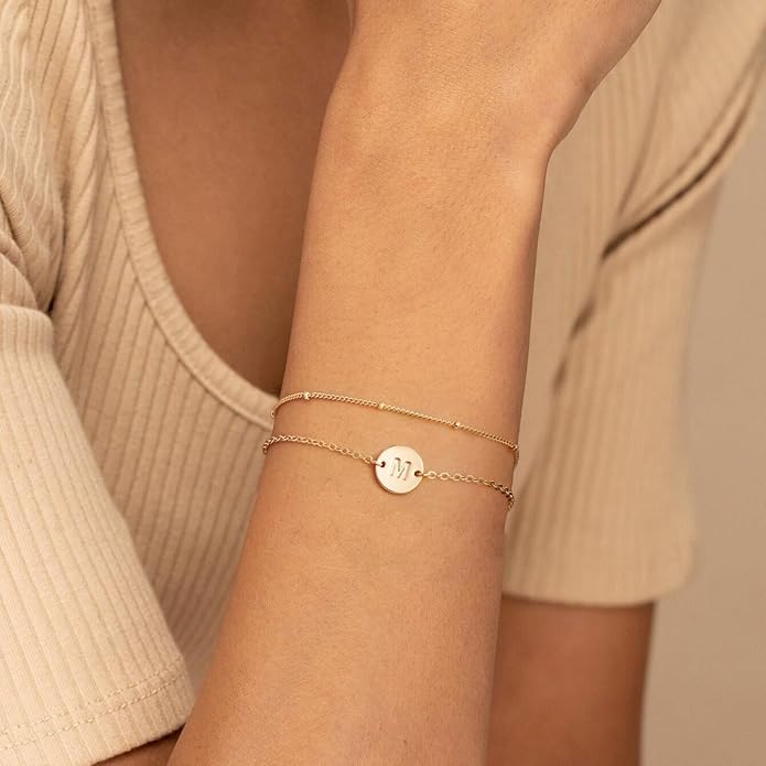 MONOZO Gold Bracelets for Women Jewelry Gifts - Dainty 18K Real Gold Plated Disc Monogram Letter A-Z Initial Bracelets for Women Trendy Personalized Letter Bracelet Jewelry Gifts for Her