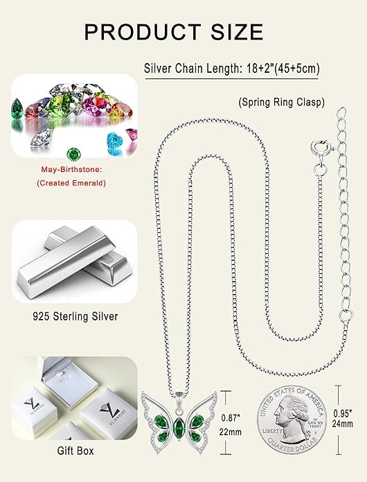 YL Women's Butterfly Necklace 925 Sterling Silver Flower Rose Pendant Birthstone Halo Jewelry