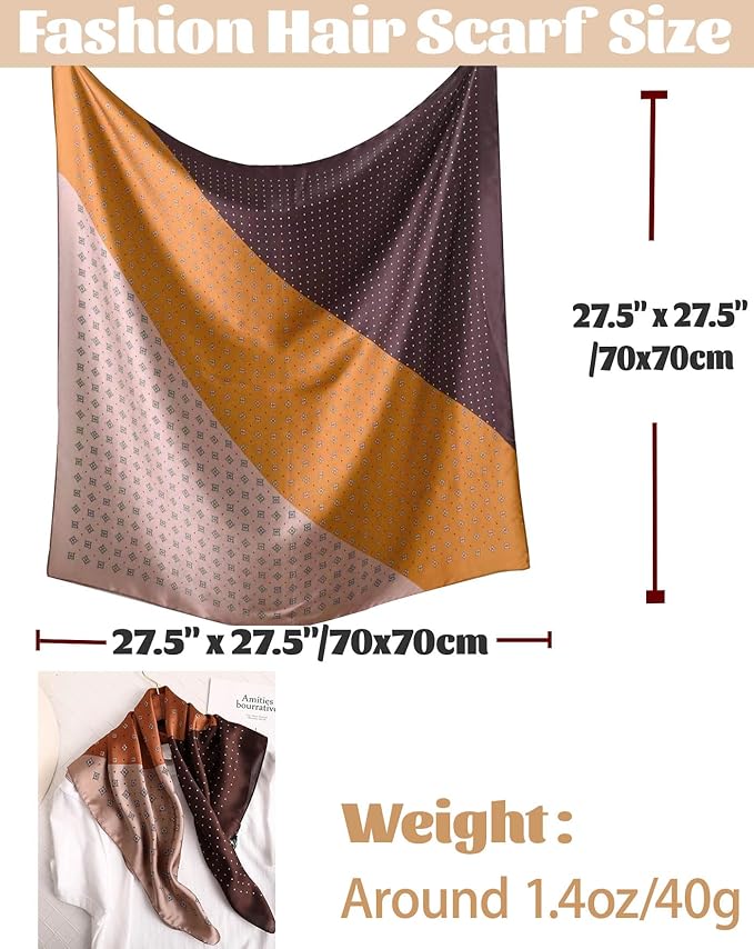 kcctoo 27.5" Mulberry Silk Feeling Head Scarf Women's Fashion Square Neck Satin Scarfs for Bag Hair Scarves Gift