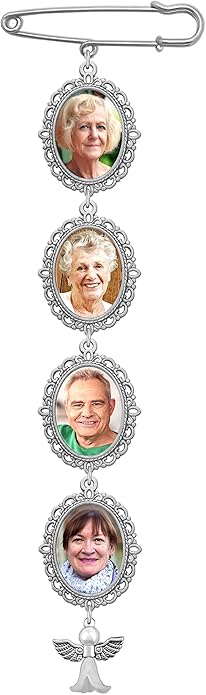 Wedding Boutonniere Angel Photo Charm Pin Brooch Cascading Quadruple 4 Frame for Mother of Bride or Groom or Flower Bouquet