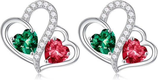 Iefil Valentines Day Gifts for Her - Birthstone Earrings Gift for Women, 925 Sterling Silver Double Heart Birthstone Earrings | Anniversary Birthday Gifts for Women, Personalized Jewelry for Wife Mom