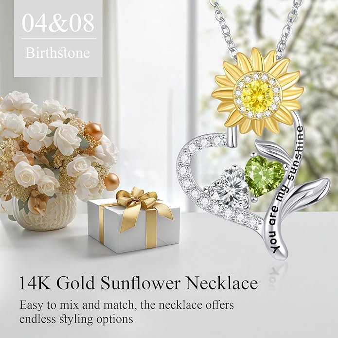 PERJI Valentine's Day Gifts for Women - 925 Sterling Silver Double Birthstone Sunflower Necklace, Anniversary Birthday Jewelry You are My Sunshine Gifts for Wife Couple Girlfriend 18"+2" Non Tarnish