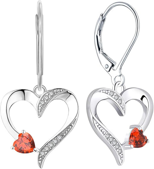 YL Heart Dangle Earrings 925 Sterling Silver Drop Earrings Birthstone Leverback Jewelry for Women