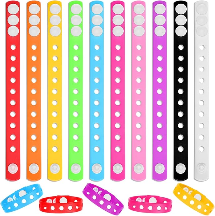 60 Pcs 10 Colors Silicone Bracelets Wristbands, 8.3 Inch Cute Silicone Adjustable Wristband, Adjustable Rubber Bracelets with Holes in Bulk, for Swimming Identify Shoe Charms Party Birthday Gifts