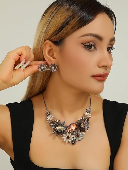 Chunky Statement Jewelry Set Vintage Retro Leaf Flower Floral Geometric Bohemian Boho Bib Necklace Earring Set Fashion Costume Jewelry for Women Girls Wedding Party Prom Unique Gift