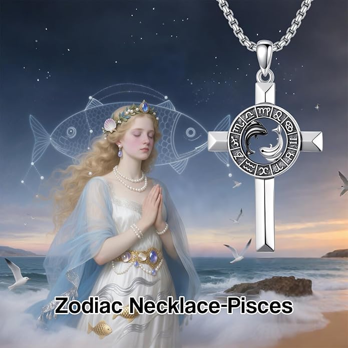 MEIDERBO Cross Zodiac Necklace 925 Sterling Silver 12 Constellation Horoscope Astrology Pendant Necklace Zodiac Sign Jewelry Gifts for Men Women