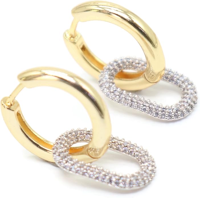 Gold Tone Geometric Dangle Hoop Earrings for Women – Crystal Rectangle Charm, 35mm Drop Length, 12mm Width.KT0013