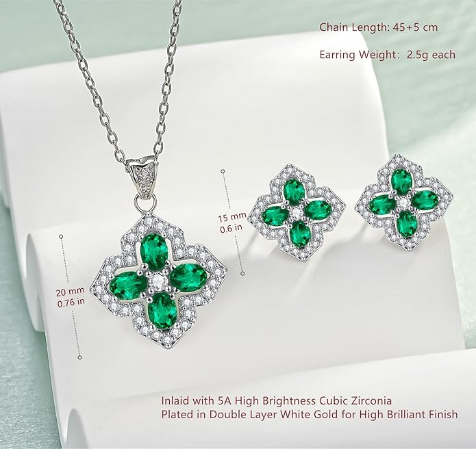 VONSSY Four Leaf Clover Necklace Earrings Shamrock Irish ST Patricks Jewelry Set Gift Green Emerald Zircon Crystal Stud 18k Gold Plated Chain Saint Pendant for Woman Wife Girlfriend