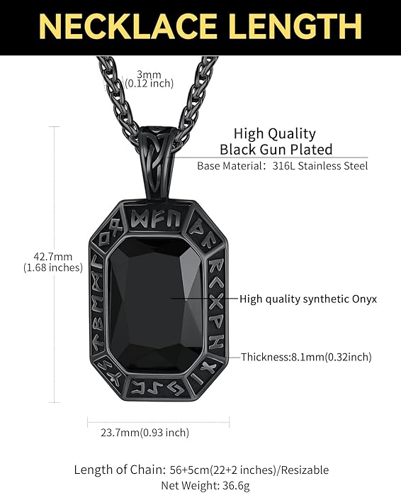 ChainsHouse Viking Rune Pendant Necklace for Men Women, Punk Biker Black Metal/316L Stainless Steel Onyx Norse Vintage Amulet Necklaces with Black/Red/Green/Blue Gemstone, Send Gift Box