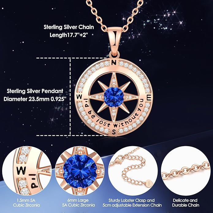 Zifeel Compass Necklace Gifts for Women wife - S925 Sterling Silver Birthstone Necklaces for Women - Anniversary Birthday Gifts for Her Wife Girlfriend - Valentines Mom Mothers Day Christmas Gifts Jewelry for Women