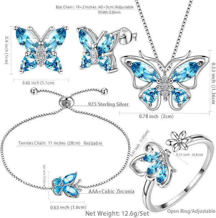 Aurora Tears Butterfly Jewelry,Women 925 Sterling Silver Butterflies Birthstone Pendant Necklace/Earrings/Rings Wedding Gift