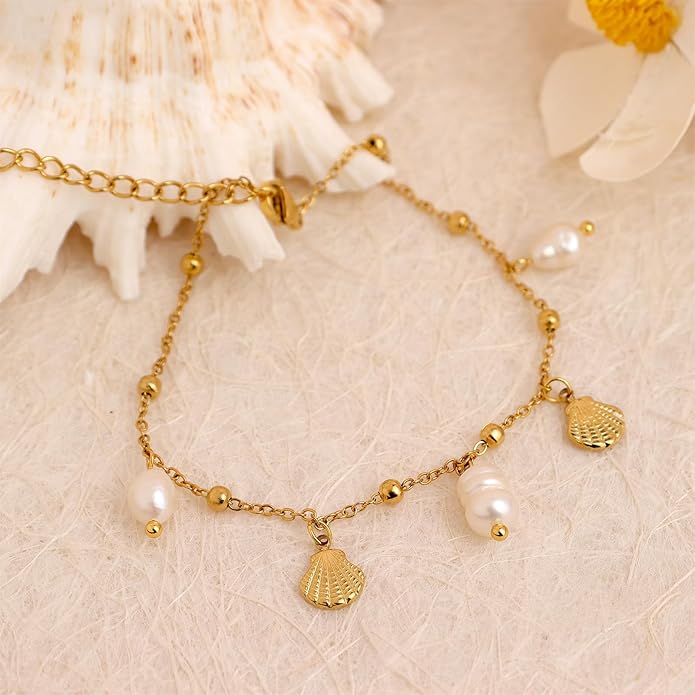 Dainty Gold Shell Pearl Charm Ankle Bracelet for Women Trendy non-Tarnish Adjustable Anklet Summer Beach Fashion Jewelry Gift