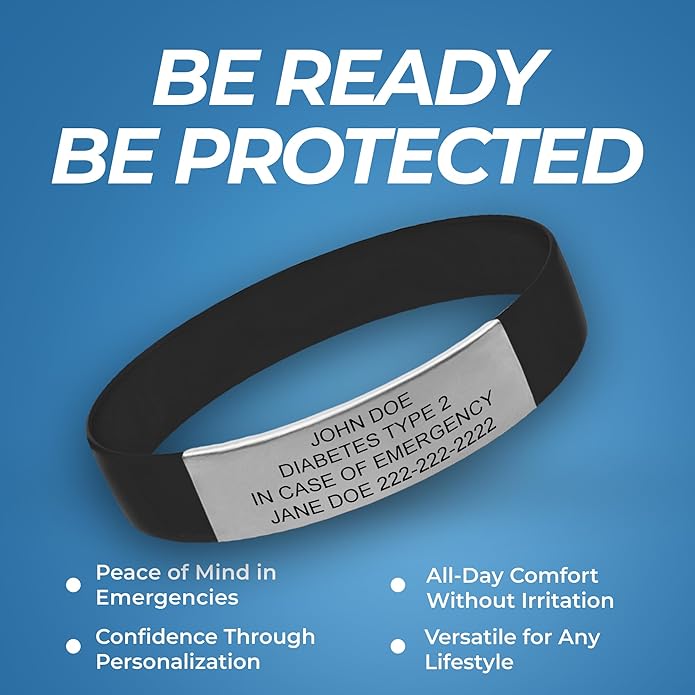 Personalized Medical Alert Bracelet for Men & Women – Custom Engraved Waterproof Silicone Wristband with Stainless Steel ID Plate – Medical ID Bracelet for Allergies, Conditions, ICE Info & Emergency Card